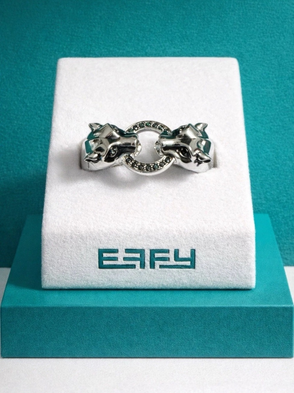 NEW Effy Sterling Silver Black Diamond Tsavorite Double Panther Ring Sz 7